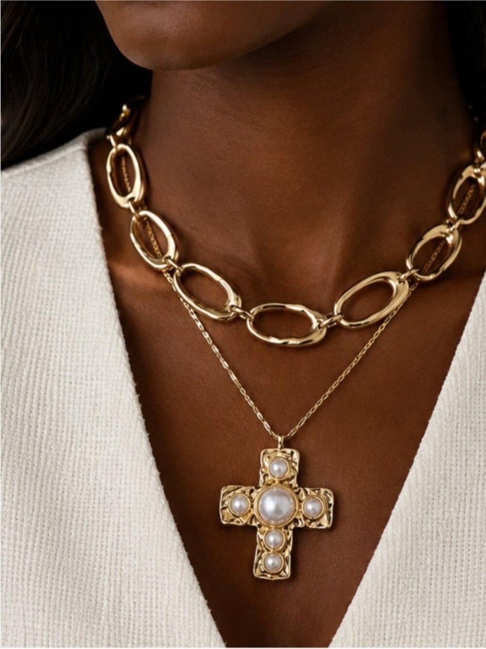 New! Preppy Classic Gold Pearl Cross Necklace Stack Set NWOT 5037